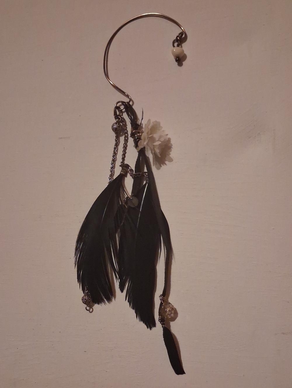 Boho Black Feather Drop Earring with White Flower Accent
